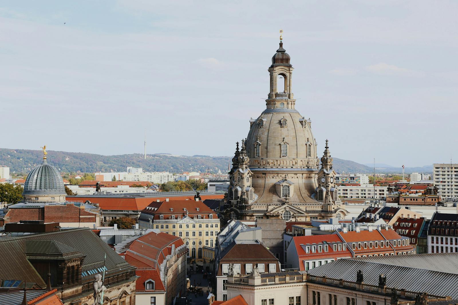 Aerial view of the historic Frauenkirche in Dresden, Germany.