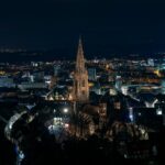 aerial view of city buildings during night time